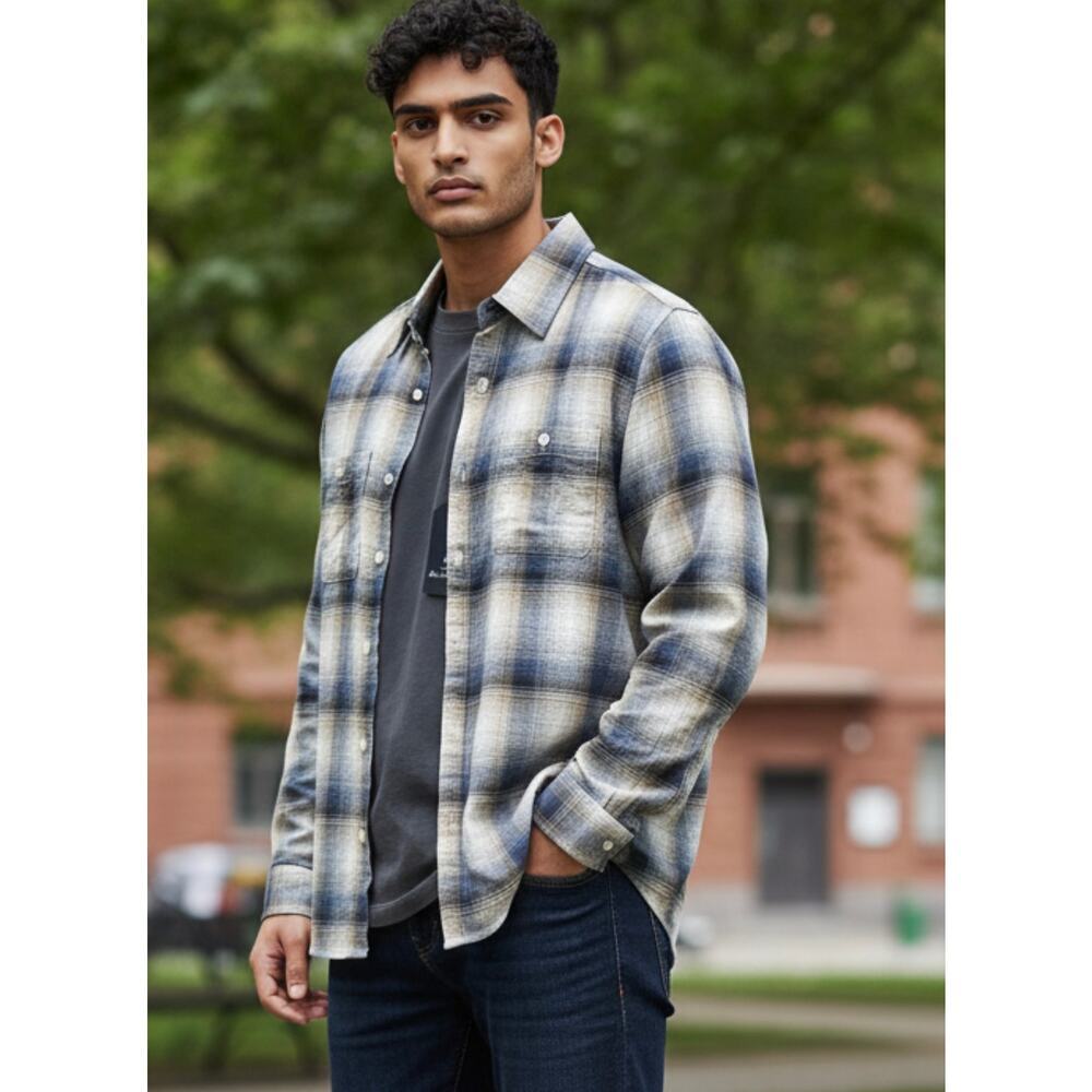 Ben Sherman Men’s Plaid Button-Down Shirt Sand Blue Size S NWT